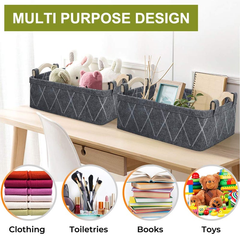 KWLET Small Storage Baskets Foldable Rectangle Containers Empty Gift Basket for DVD CD Record Cord Books Video Electronics Items Remote TV Cabinet Organizer with Wooden Handles - Image 3